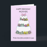 Moeder Happy Birthday van Son and Son in Law Kaart<br><div class="desc">Een stijlvolle verjaardagstaart,  geplaatst tegen een pastelkleuterachtergrond. de woorden "Happy Birthday Moeder van je zoon en zoon in de wet" vergezellen het afbeelding.</div>
