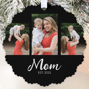 Moeder heeft modern schrift zwart 3 foto ornament kaart