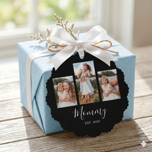 Moeder heeft modern schrift zwart 3 foto ornament kaart
