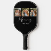 Moeder heeft modern schrift zwart 3 foto pickleball paddle (Achterkant)