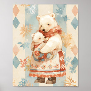 Moeder Ijsbeer en Welp Winterkleding Nursery Poster