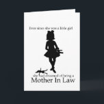 Moeder in de wet Verjaardag Kaart<br><div class="desc">Buiten heeft silhouet van een klein meisje Inside: Happy Birthday to a natural born Mother in Law (interieurtekst kan worden gewijzigd). Dit is een wang in het gezicht, want voor zover ik weet - niemand droomt ervan om een moeder in de wet te zijn. Een leuk cadeau voor MIL's van...</div>