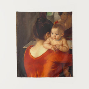 Moeder in rood met kind wandkleed