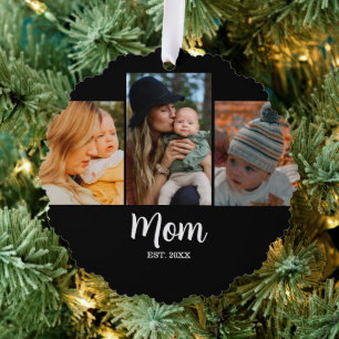 Moeder ingestelde script zwart 3 foto ornament kaart