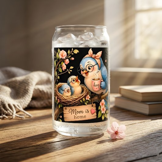 Moeder is thuis Zwarte Drinkset Cadeau Blikvorm Glas