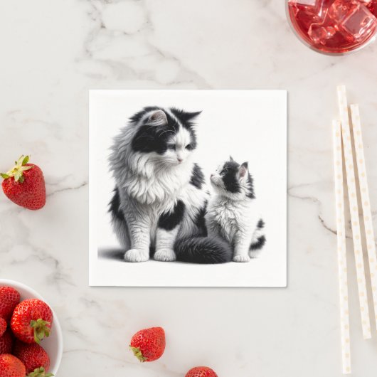 Moeder kat en kitten op wit servet (Insitu)