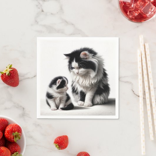 Moeder kat en kitten op wit servet (Insitu)