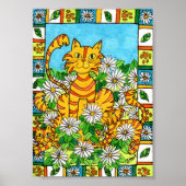 Moeder kat en Kittens in Daisy Patch Mini Folk Art Poster (Voorkant)