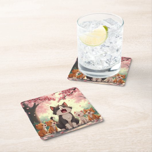 Moeder Kat en Kittens onder Cherry Blossom Schatti Kartonnen Onderzetters (Insitu)