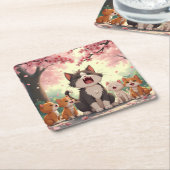 Moeder Kat en Kittens onder Cherry Blossom Schatti Kartonnen Onderzetters (Schuin)