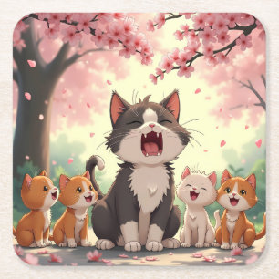 Moeder Kat en Kittens onder Cherry Blossom Schatti Kartonnen Onderzetters