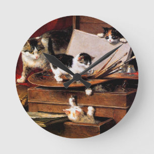Moeder Kat en Kittens op tafel Ronde Klok