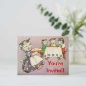 Moeder kat & Kittens Eating Pie - partijuitnodigin Uitnodiging Briefkaart (Staand voorkant)