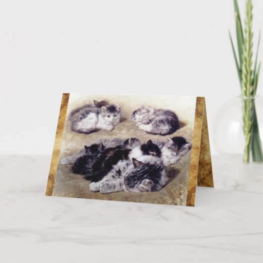 MOEDER KAT MET KITTENS Perkament Monogram Notitiekaartje (Voorkant)