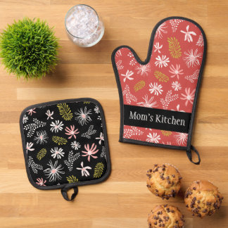 Moeder Keuken roze zwart leuk patroon Ovenwant & Pannenlap Set