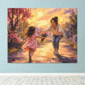 Moeder Kind Rennend Met Bloemen Canvas Kunst (Insitu (Houten vloer))