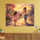 Moeder Kind Rennend Met Bloemen Canvas Kunst (Insitu (Woonkamer))