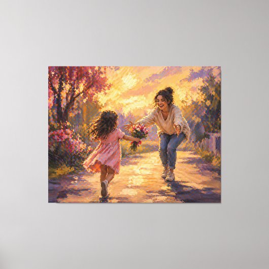 Moeder Kind Rennend Met Bloemen Canvas Kunst (Voorkant)