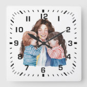Moeder Knuffelen Kinderen Waterverf Kunst Vierkante Klok (Voorkant)