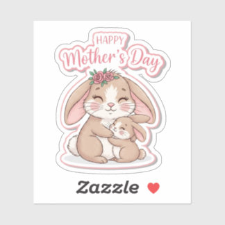 Moeder Konijn Baby Roos Kroon Moederdag Sticker