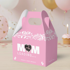 Moeder laadt foto echografie roze baby shower bedankdoosjes