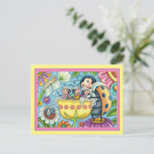 MOEDER LADYBUG EN KINDEREN, KNOP BUBBLE BATH BRIEFKAART (Staand voorkant)