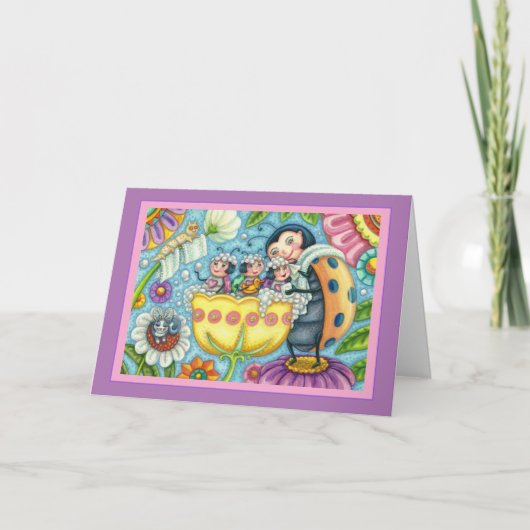 MOEDER LADYBUG EN KINDEREN, TULIP BUBBLE BATH FEESTDAGEN KAART (Voorkant)