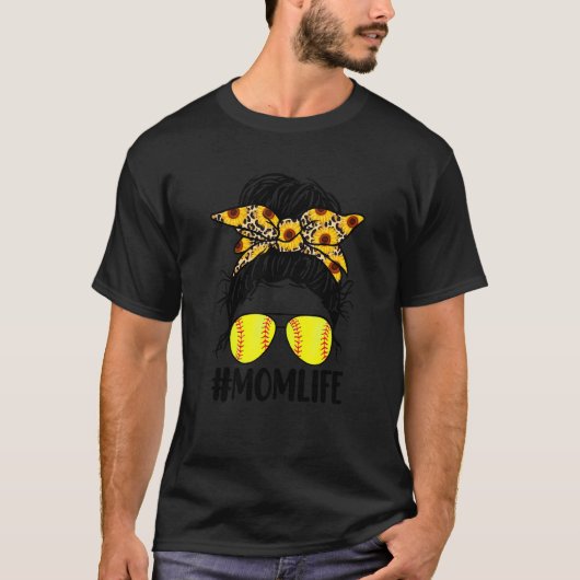 Moeder Leven Messy Bun Zonnebloem Softbal Moeder G T-shirt (Voorkant)