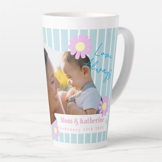 Moeder Liefde Strepen Daisy Bloemen Foto Blauw Latte Mok (Rechterhoek)