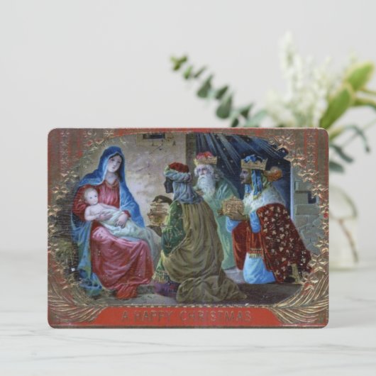 Moeder Maria, Baby Jezus en de Drie Wijze Mannen Feestdagenkaart (Staand voorkant)