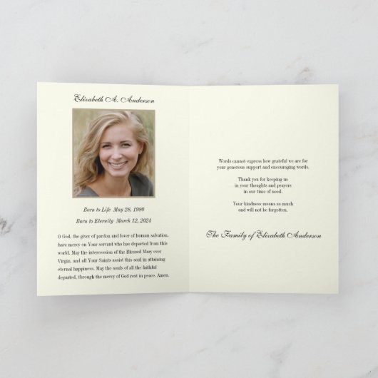 Moeder Maria begrafenis gebedsmonument Dank u Notitiekaartje (Binnen)