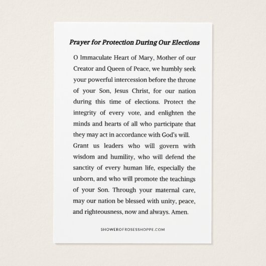 Moeder Maria bidt voor bescherming bij verkiezinge Visitekaartje (Achterkant)