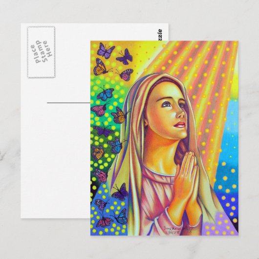 Moeder Maria die met licht van boven bidt Briefkaart (Voorkant / Achterkant)