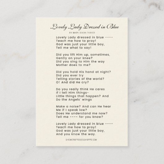 Moeder Maria en kind Katholiek gedicht Plaatskaartje (Achterkant)