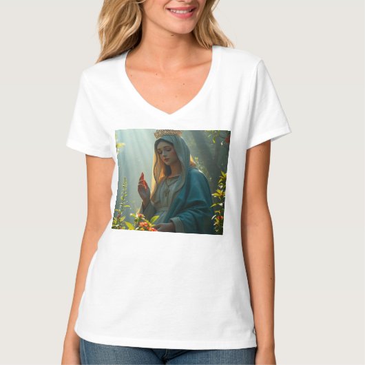 Moeder Maria Koningin van de Hemel Vrouwen V nek T T-shirt (Voorkant)