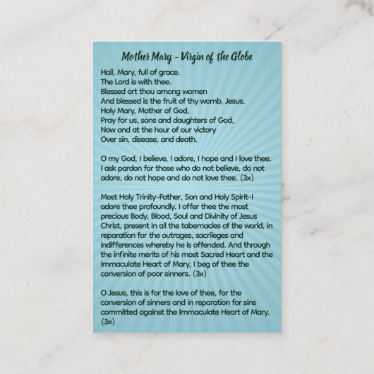 Moeder Maria - Maagd van het Wereldbol Visitekaartje (Achterkant)