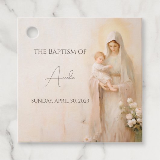 Moeder Maria met de doop van Baby Bedankjes Labels (Voorkant)