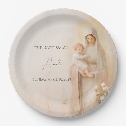 Moeder Maria met de doop van Baby Papieren Bordje (Voorkant)