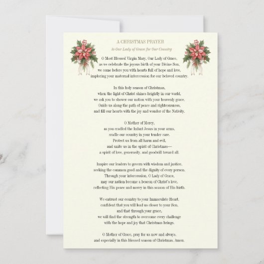 Moeder Maria Poinsettia Katholiek Gebed Feestdagenkaart (Achterkant)