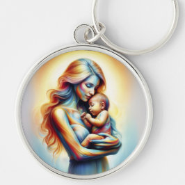 Moeder met baby lichtgevende tedere omhelzing kuns sleutelhanger