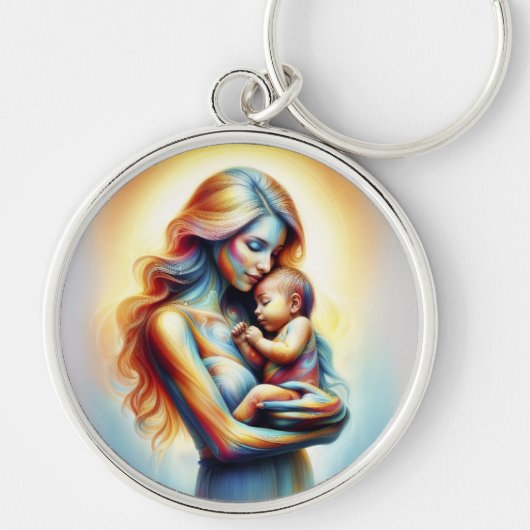 Moeder met baby lichtgevende tedere omhelzing kuns sleutelhanger (Voorkant)