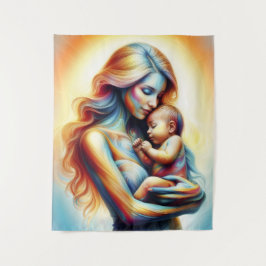 Moeder met baby lichtgevende tedere omhelzing kuns wandkleed