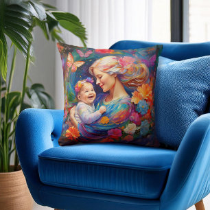 Moeder met Baby Meisje Kleurrijke Schilderij Kussen
