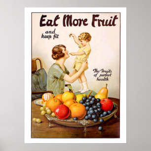 Moeder met haar kind, eet meer fruit, vintage poster