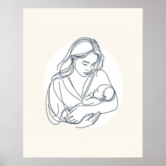 Moeder met pasgeboren Baby - Line Art Poster