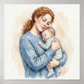 Moeder met slapende baby aquarel poster (Voorkant)