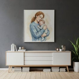 Moeder met slapende baby aquarel poster