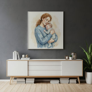 Moeder met slapende baby aquarel poster