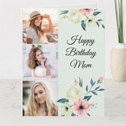 Moeder Mint en Roze Vrouwelijke Bloemen 3 Foto Ver Kaart (Voorkant)