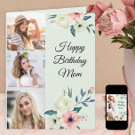 Moeder Mint en Roze Vrouwelijke Bloemen 3 Foto Ver Kaart<br><div class="desc">Zeg Happy Birthday Mom met een vrouwelijke bloemen verjaardagskaart, gepersonaliseerd met 3 van uw favoriete foto's en een aangepaste boodschap. Deze fotokaart heeft een waterverf in roze en ivoorwit op een bleke mintgroene achtergrond met sierlijke scripttypografie. De sjabloon is ingesteld voor u om uw afbeeldingen toe te voegen, die worden...</div>